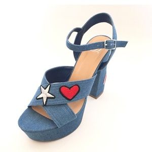 Chunky denim platform heels with embroidery